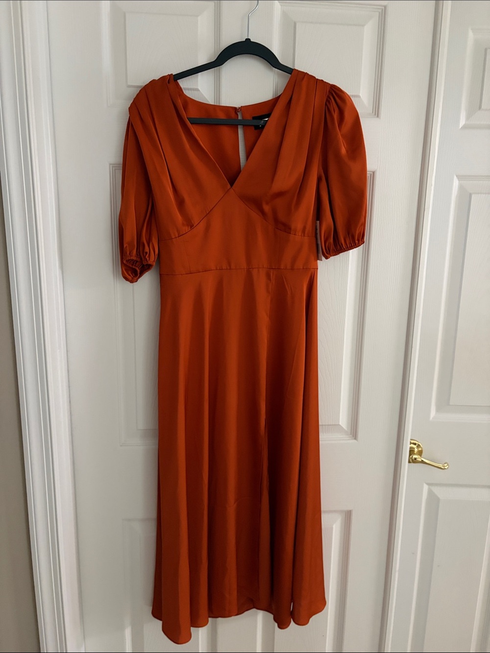 Rust Orange V-Neck Midi Dress with Puff Sleeves